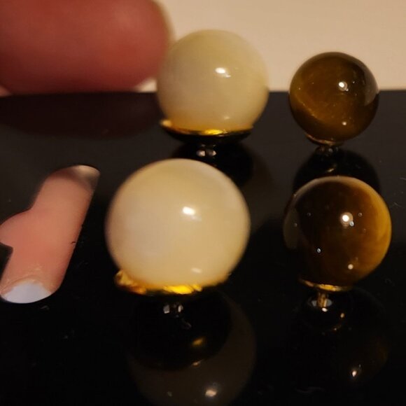 Two Pairs of Rounded Stud Earrings - Small Tiger-eye & Large Milky White - Picture 3 of 3